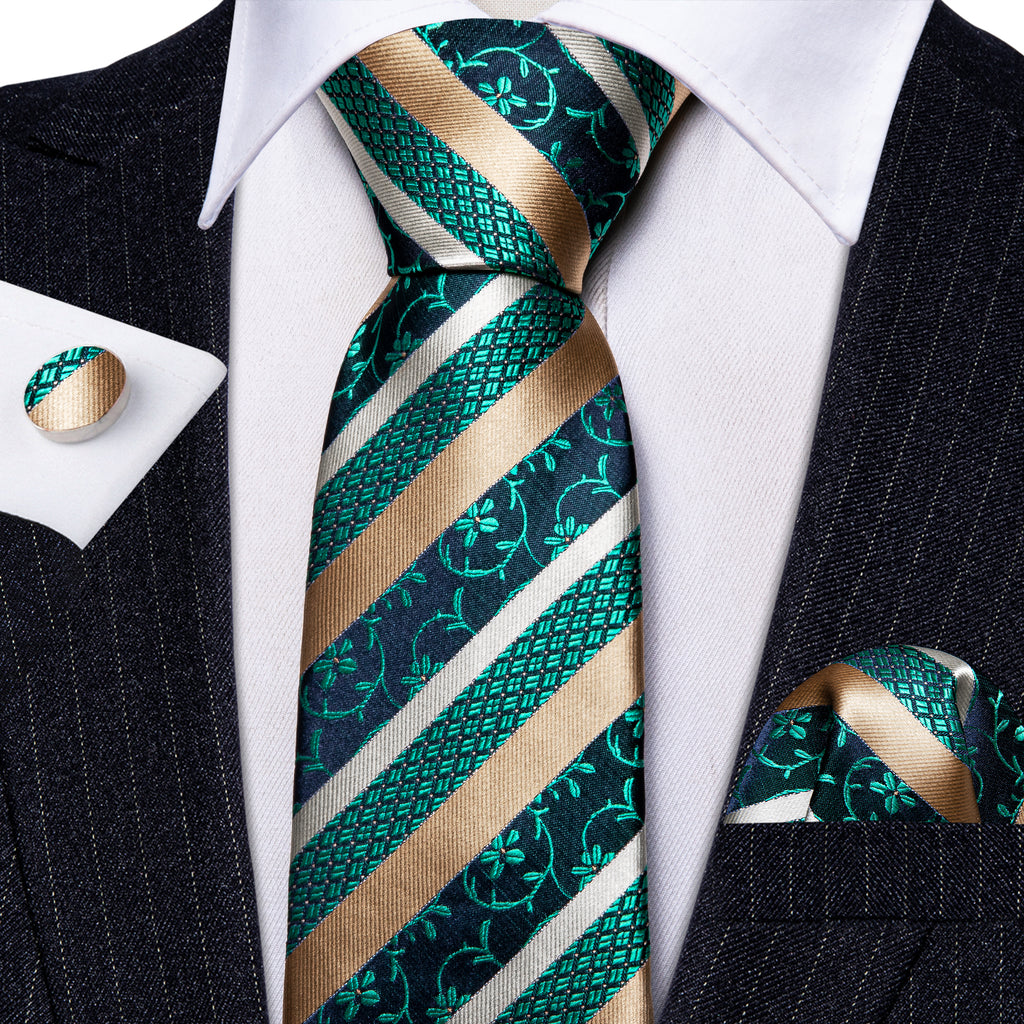 Green Peru Champagne Striped Silk Tie, Pocket Square and Cufflinks Set tie sets - Sophisticated Gentlemen