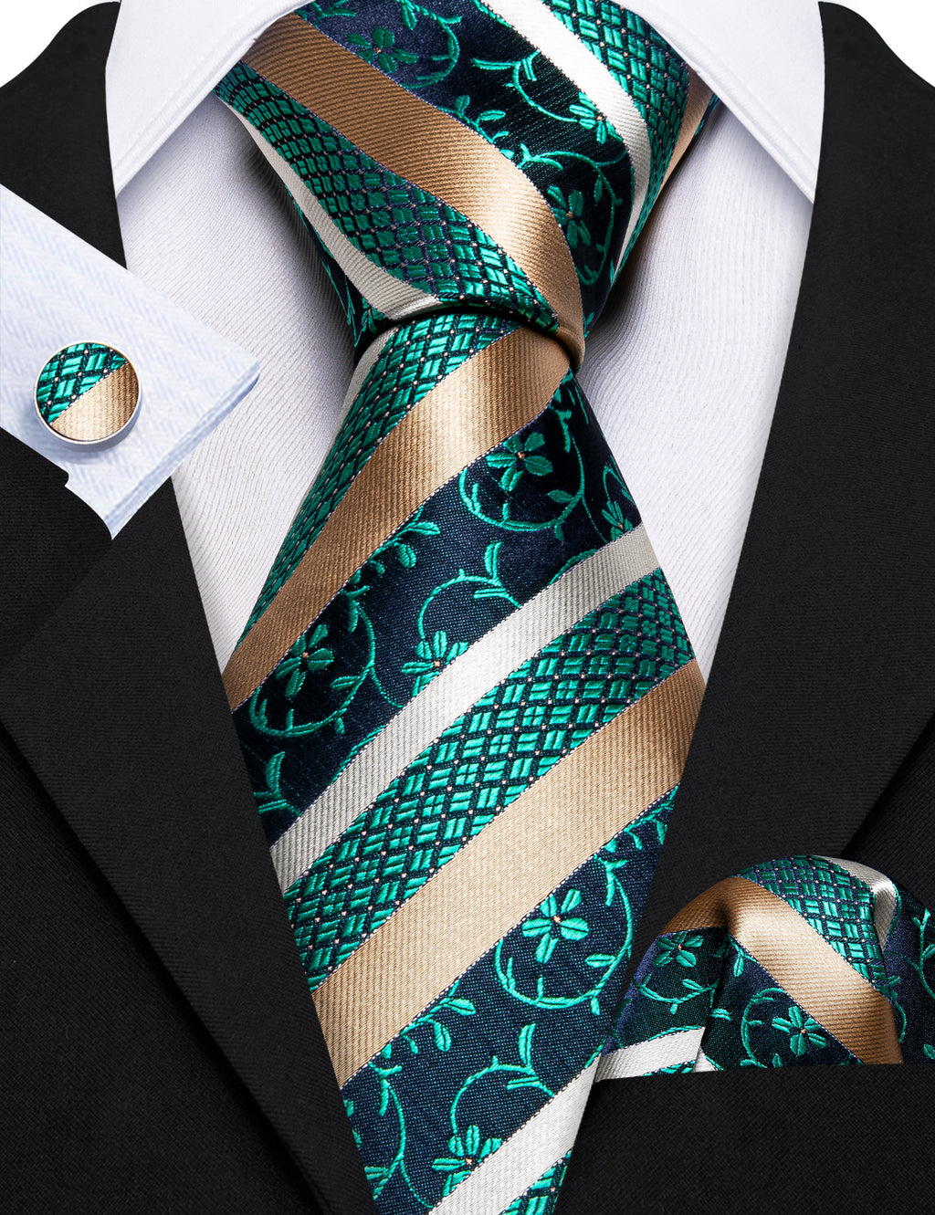 Green Peru Champagne Striped Silk Tie, Pocket Square and Cufflinks Set tie sets - Sophisticated Gentlemen
