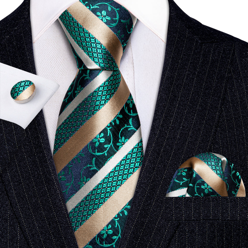 Green Peru Champagne Striped Silk Tie, Pocket Square and Cufflinks Set tie sets - Sophisticated Gentlemen