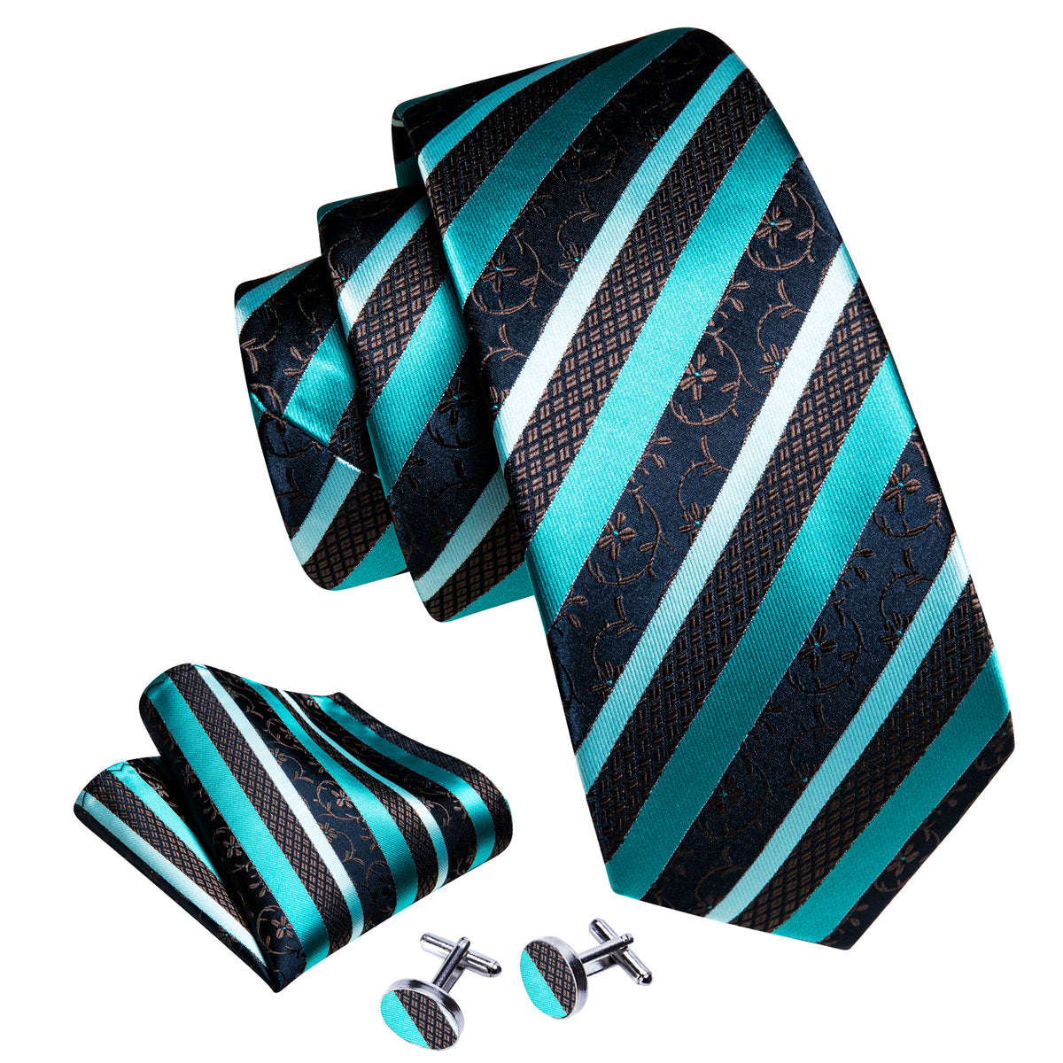 Aqua Blue Black Striped Silk Tie, Pocket Square and Cufflinks Set tie sets - Sophisticated Gentlemen