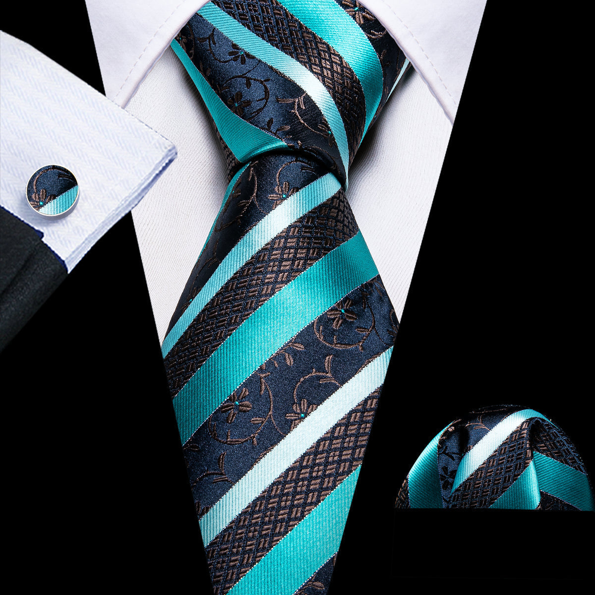 Aqua Blue Black Striped Silk Tie, Pocket Square and Cufflinks Set tie sets - Sophisticated Gentlemen