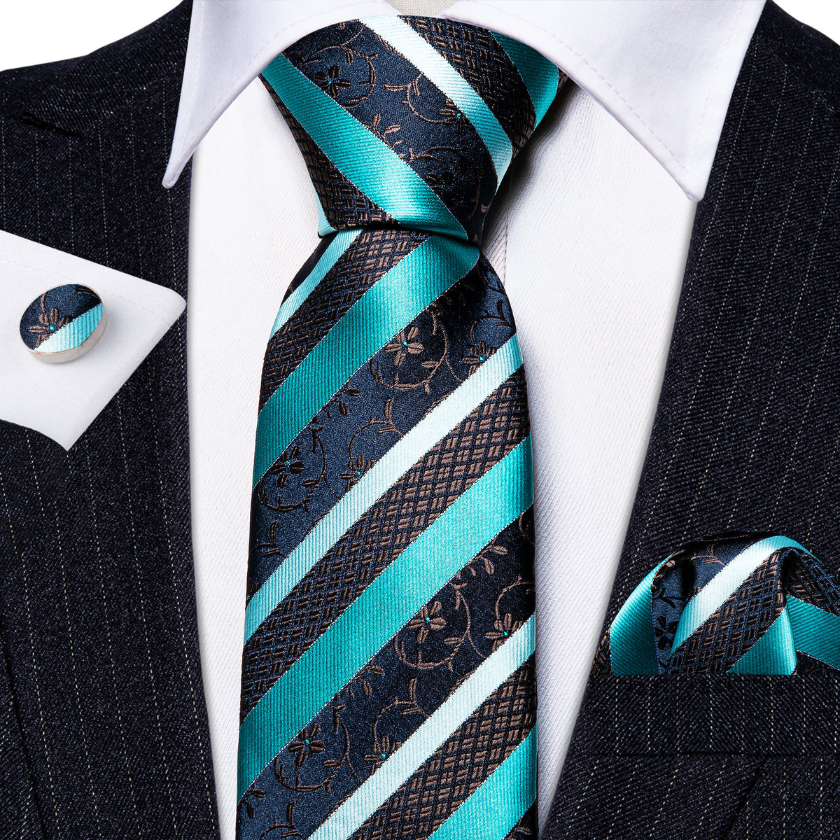 Aqua Blue Black Striped Silk Tie, Pocket Square and Cufflinks Set tie sets - Sophisticated Gentlemen