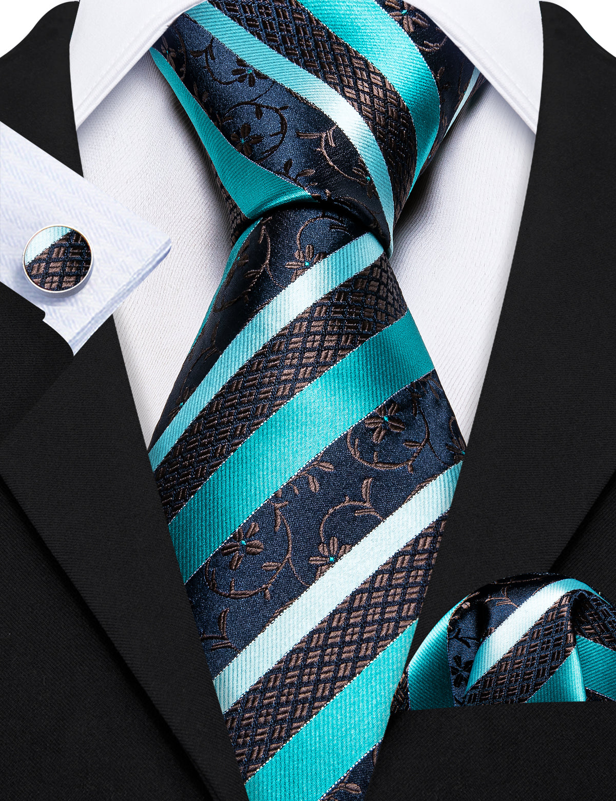 Aqua Blue Black Striped Silk Tie, Pocket Square and Cufflinks Set tie sets - Sophisticated Gentlemen