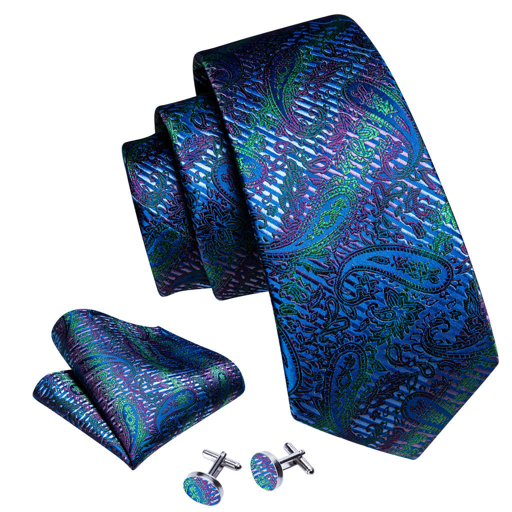 Dark Blue Paisley Silk Tie, Pocket Square and Cufflinks Set tie sets - Sophisticated Gentlemen