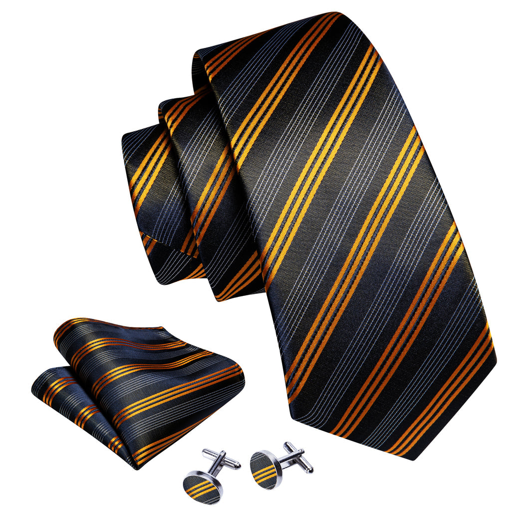 Black Orange White Jacquard Stripes Silk Tie, Pocket Square and Cufflinks Set tie sets - Sophisticated Gentlemen