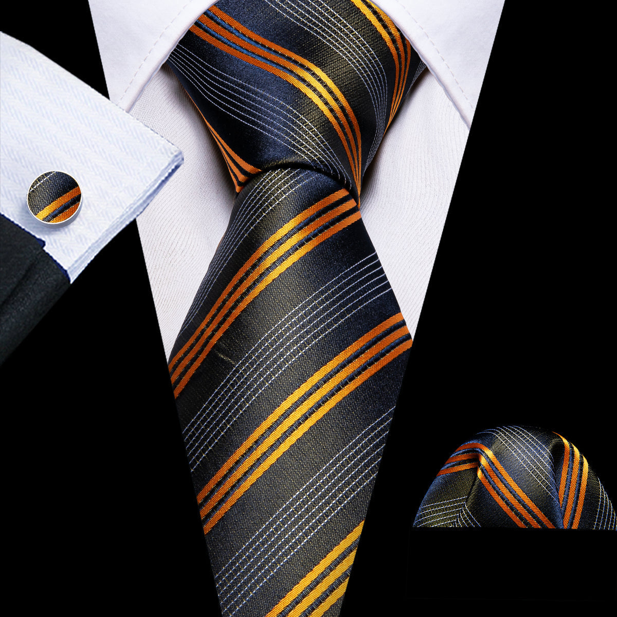 Black Orange White Jacquard Stripes Silk Tie, Pocket Square and Cufflinks Set tie sets - Sophisticated Gentlemen