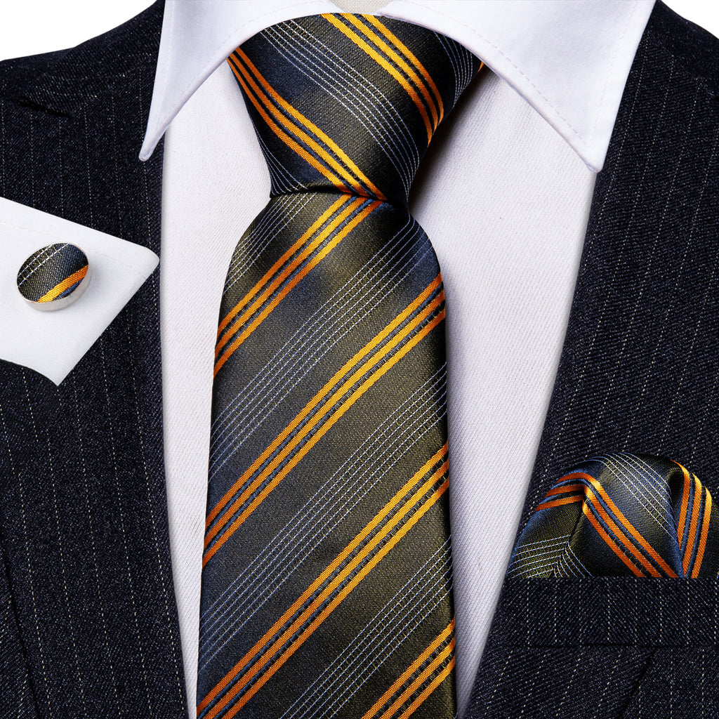 Black Orange White Jacquard Stripes Silk Tie, Pocket Square and Cufflinks Set tie sets - Sophisticated Gentlemen