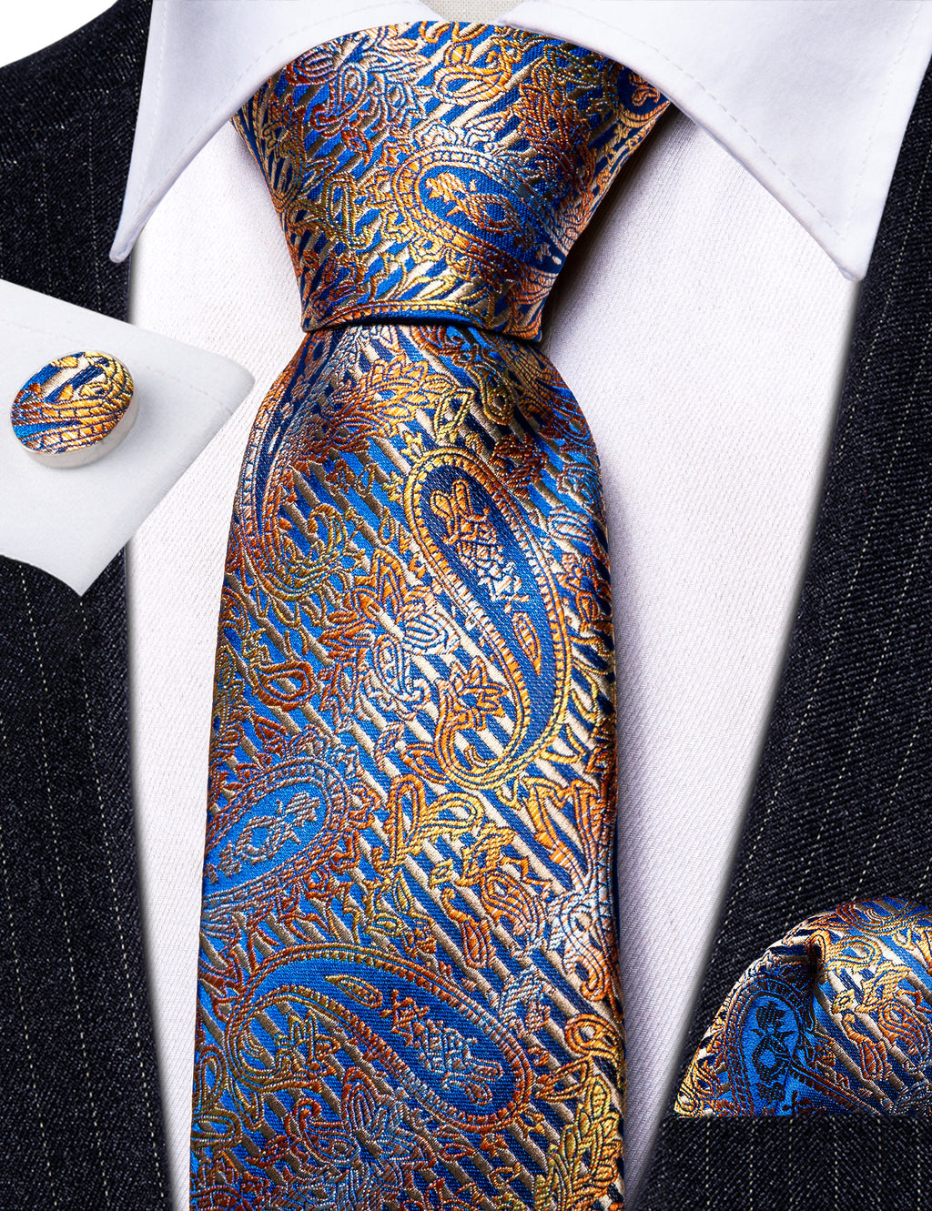 Royal Blue Gold Paisley Tie, Pocket Square and Cufflinks Set tie sets - Sophisticated Gentlemen