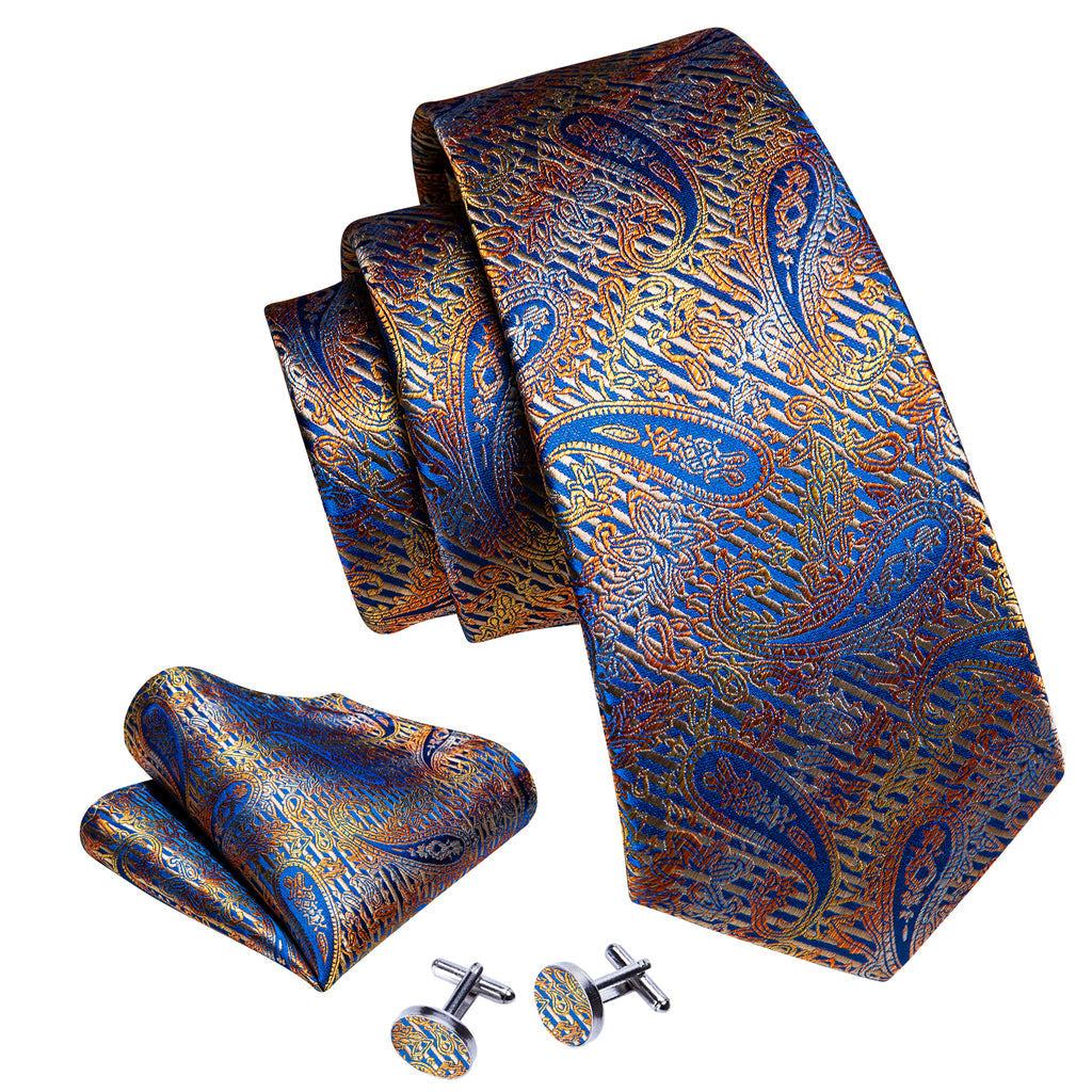 Royal Blue Gold Paisley Tie, Pocket Square and Cufflinks Set tie sets - Sophisticated Gentlemen