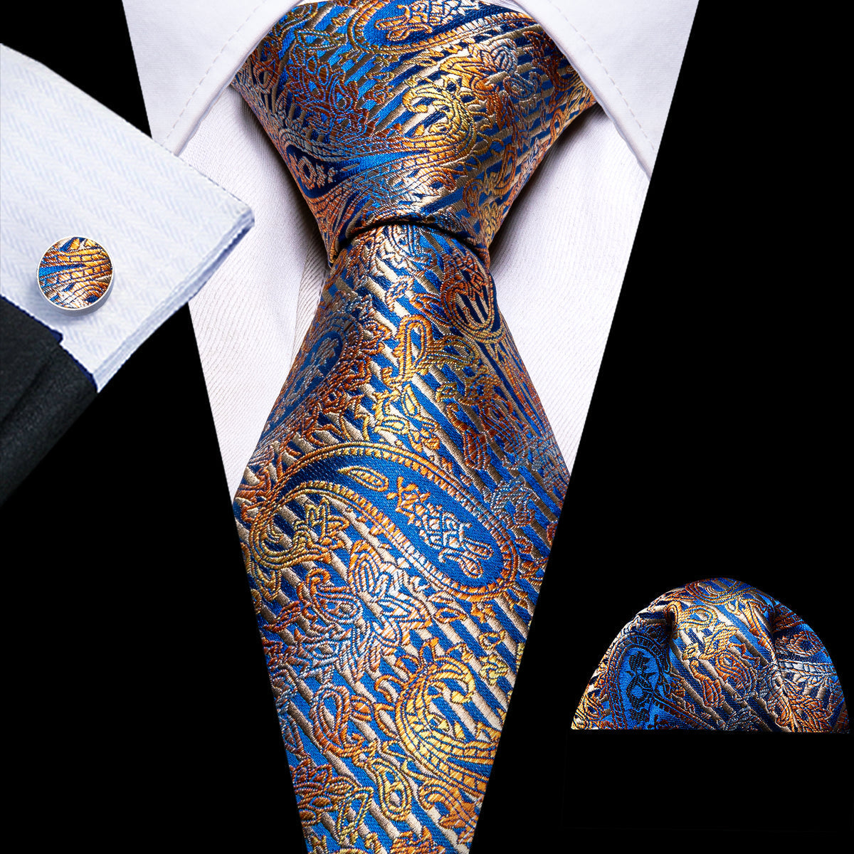 Royal Blue Gold Paisley Tie, Pocket Square and Cufflinks Set tie sets - Sophisticated Gentlemen