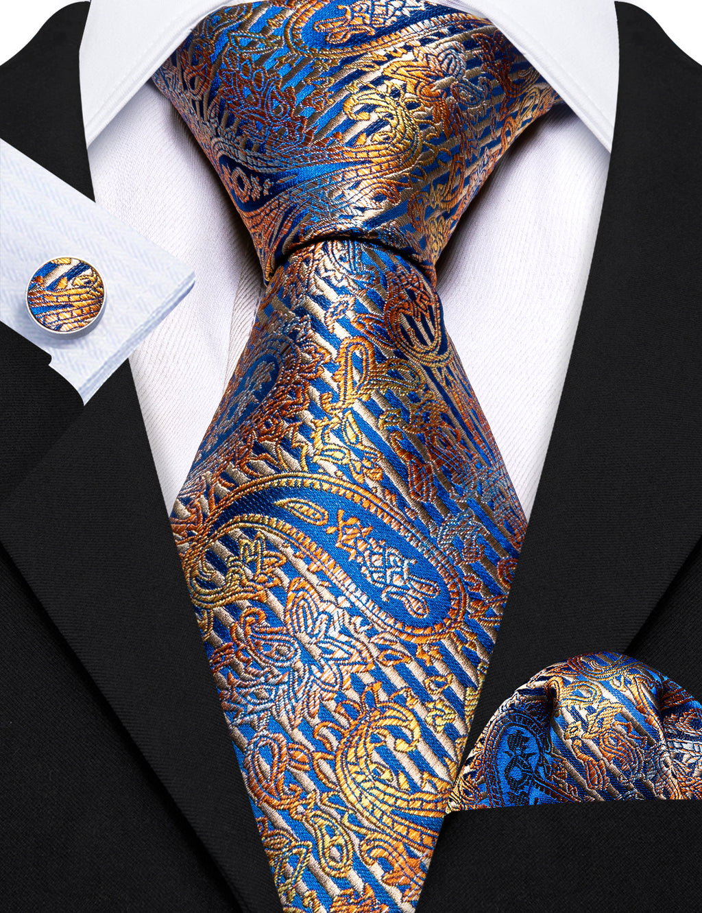 Royal Blue Gold Paisley Tie, Pocket Square and Cufflinks Set tie sets - Sophisticated Gentlemen