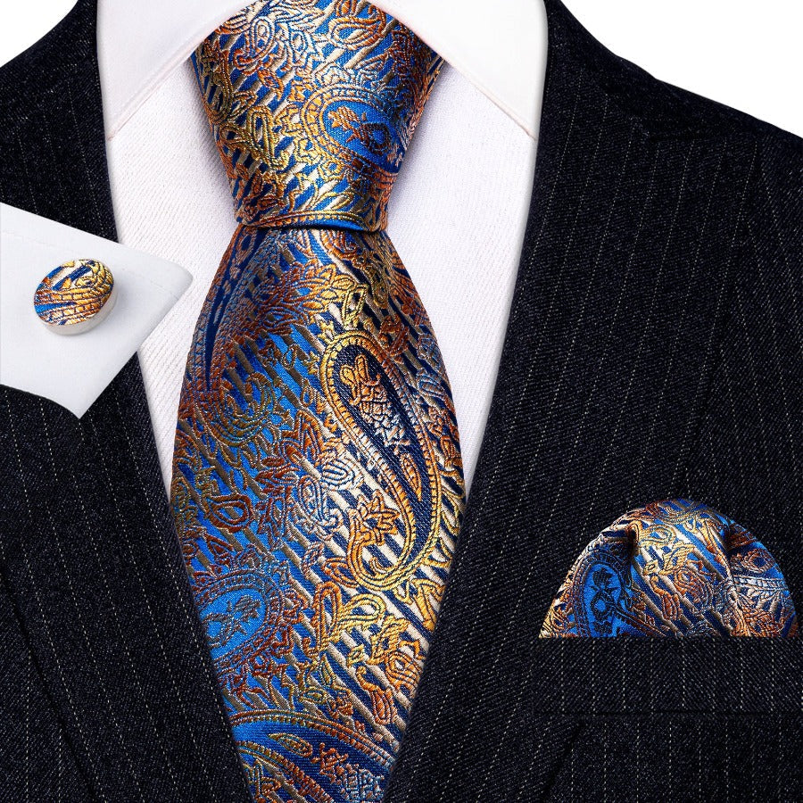 Royal Blue Gold Paisley Tie, Pocket Square and Cufflinks Set tie sets - Sophisticated Gentlemen