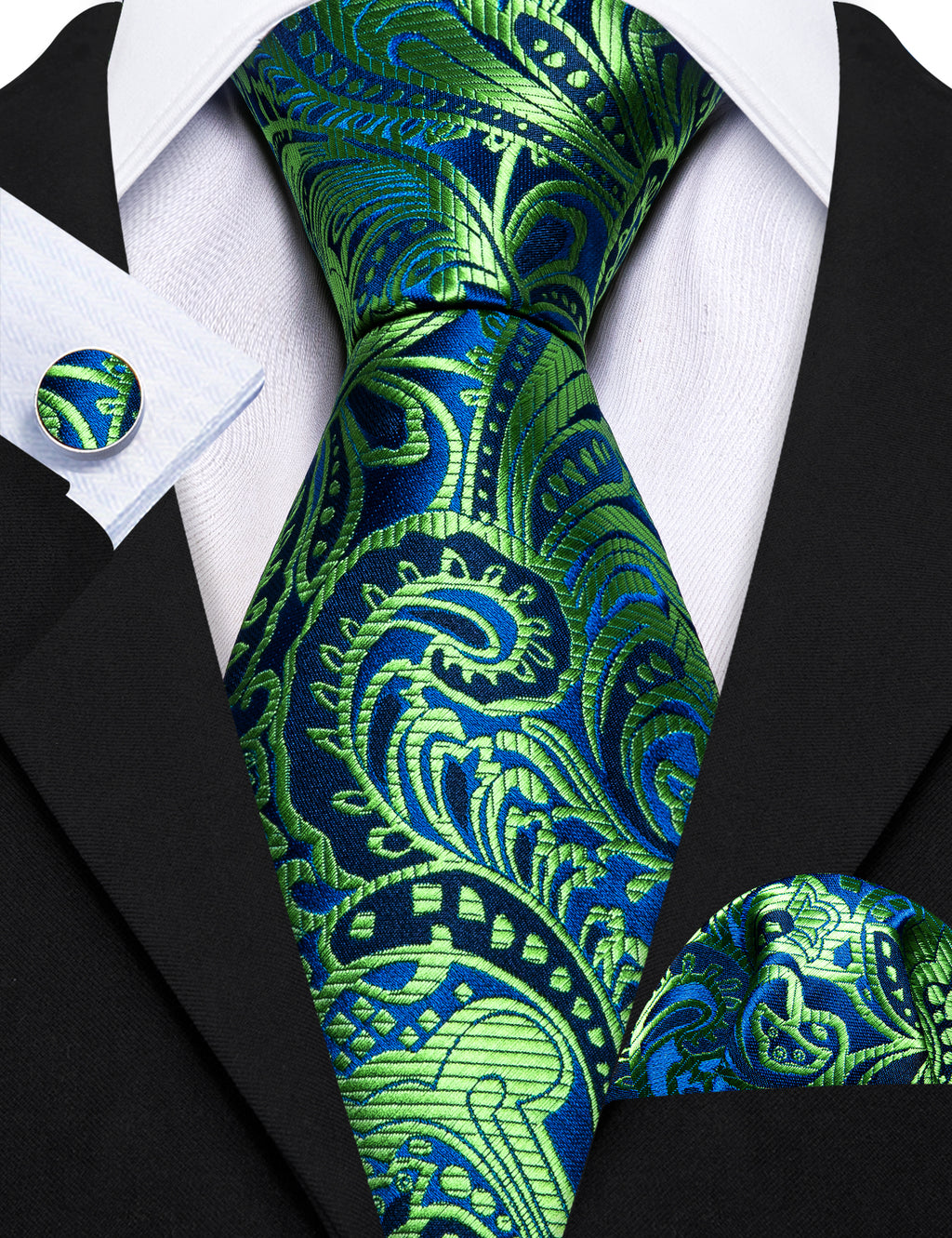 Green Blue Paisley Silk Tie, Pocket Square and Cufflinks Set tie sets - Sophisticated Gentlemen