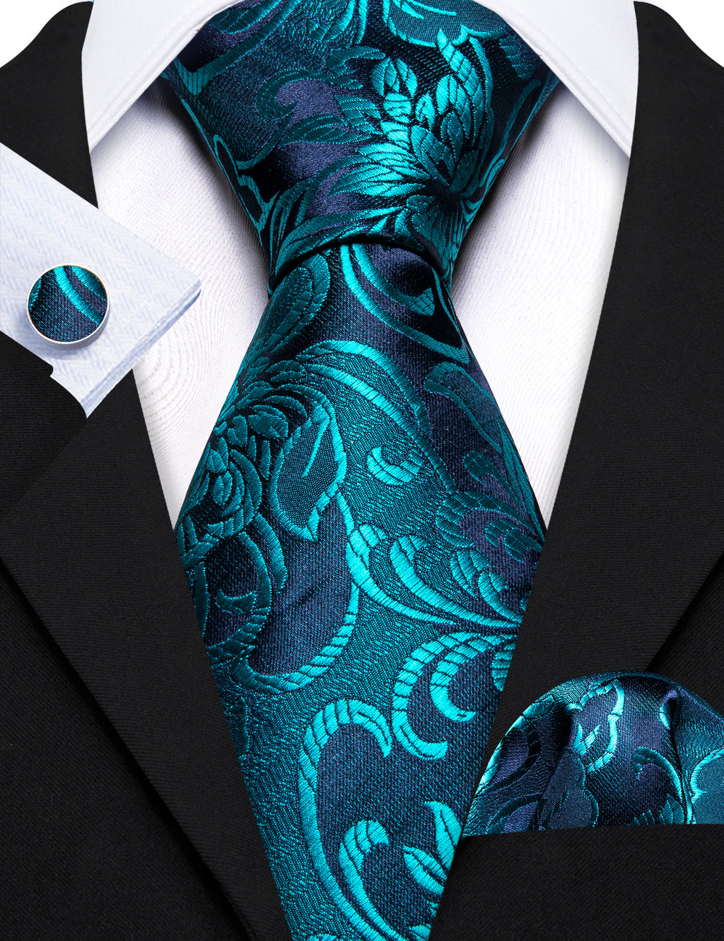 Dark Cyan Blue Paisley Silk Tie, Pocket Square and Cufflinks Set tie sets - Sophisticated Gentlemen