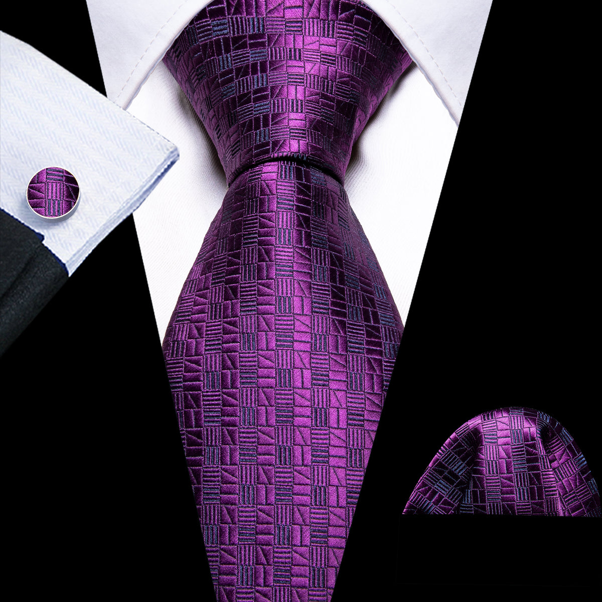 Deep Purple Plaid Silk Tie, Pocket Square and Cufflinks Set tie sets - Sophisticated Gentlemen