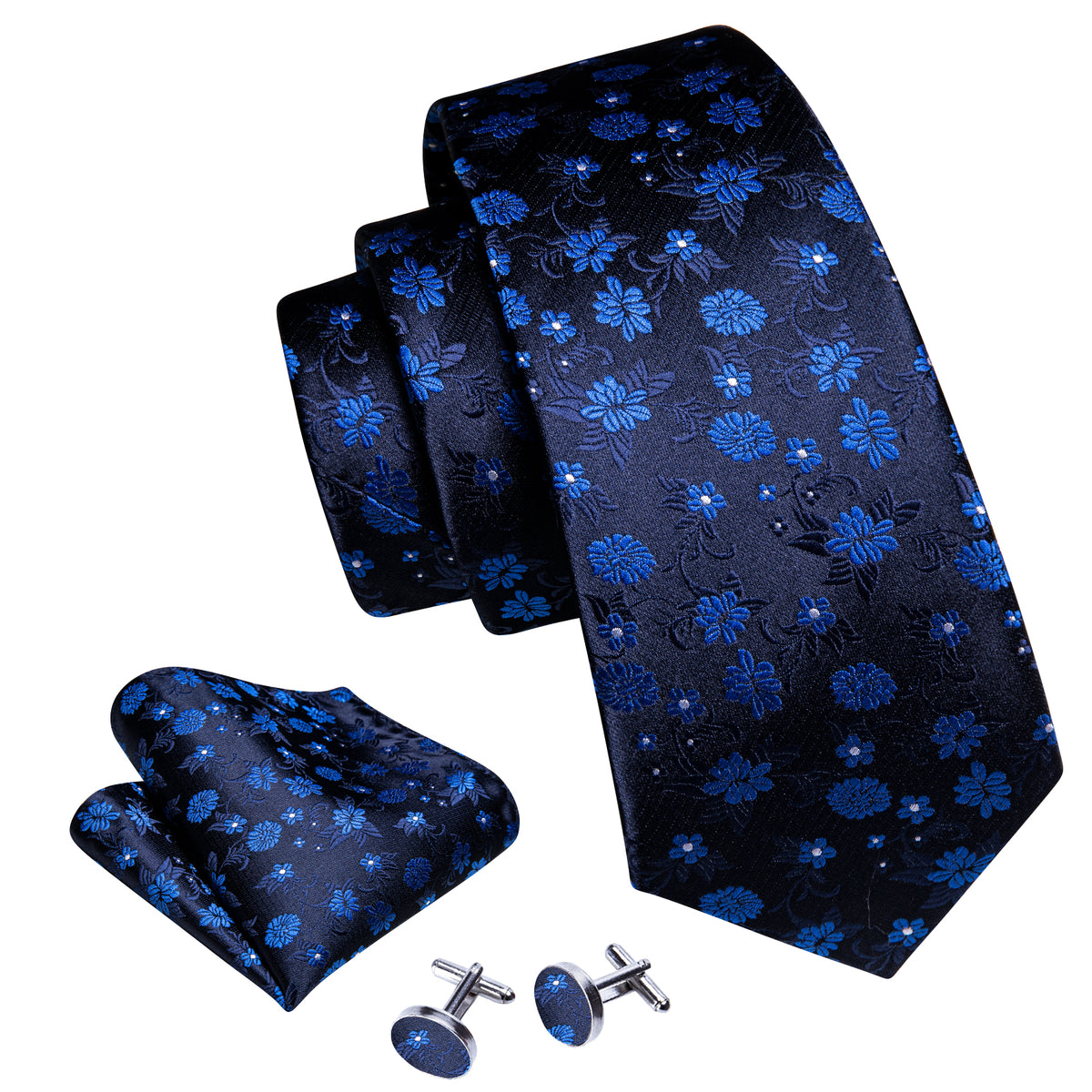 Black Blue Floral Silk Tie, Pocket Square and Cufflinks Set tie sets    - Sophisticated Gentlemen