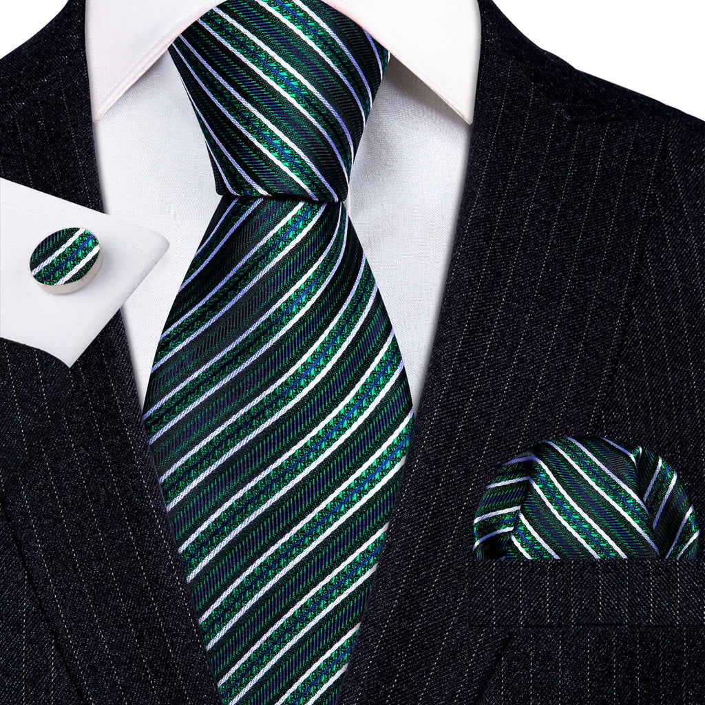 Green White Striped Silk Tie, Pocket Square and Cufflinks Set tie sets - Sophisticated Gentlemen