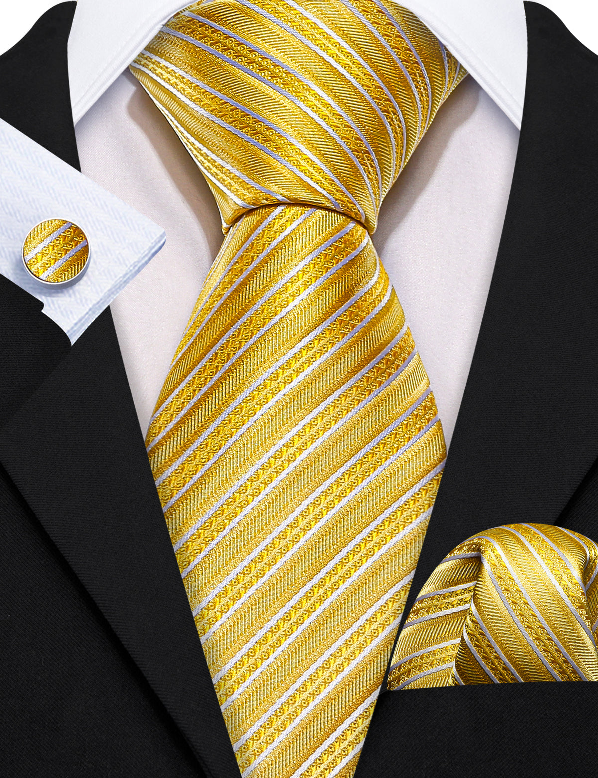 Yellow White Silk Striped Tie, Pocket Square and Cufflinks Set tie sets - Sophisticated Gentlemen