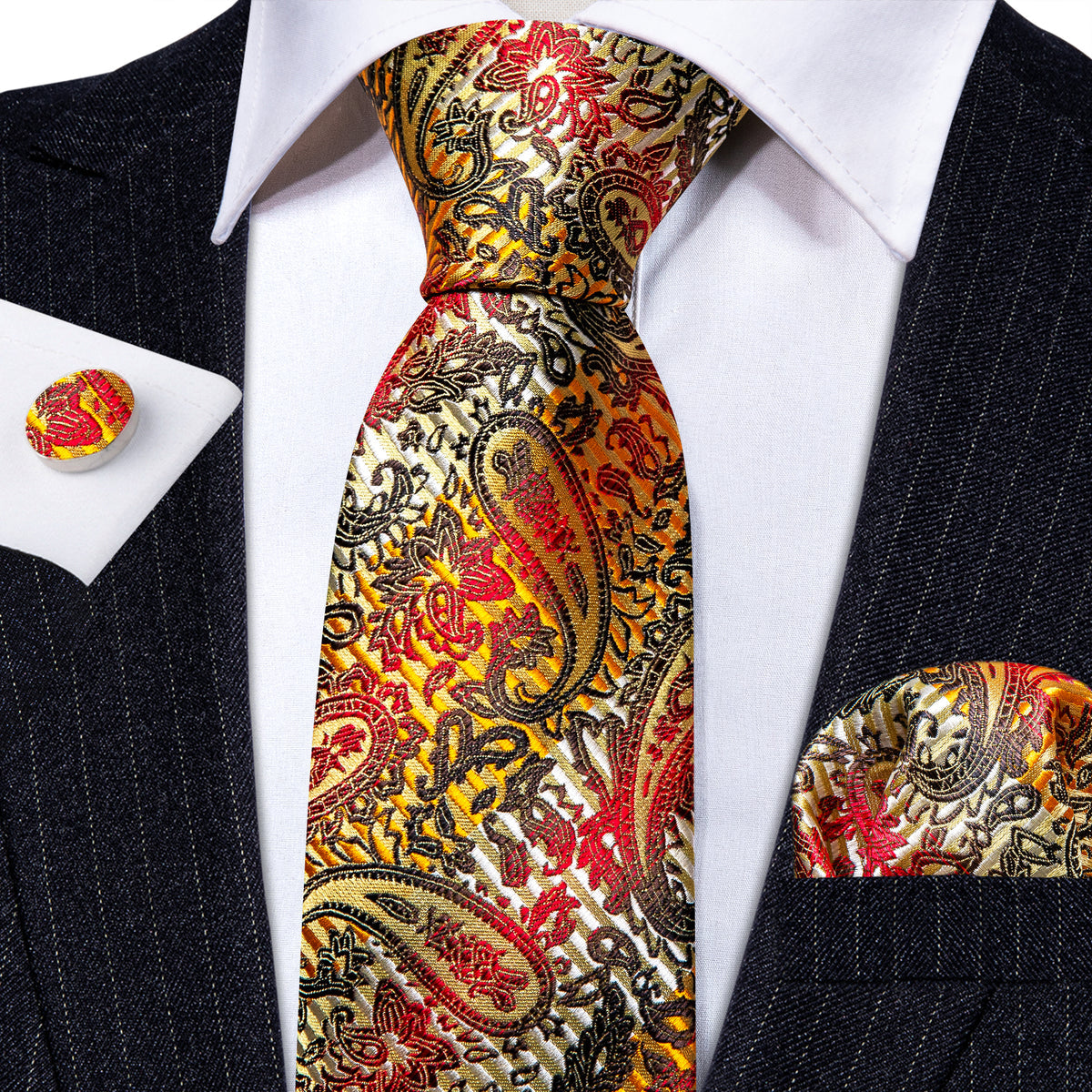 Gold Back Colorful Paisley Silk Tie, Pocket Square and Cufflinks Set tie sets - Sophisticated Gentlemen