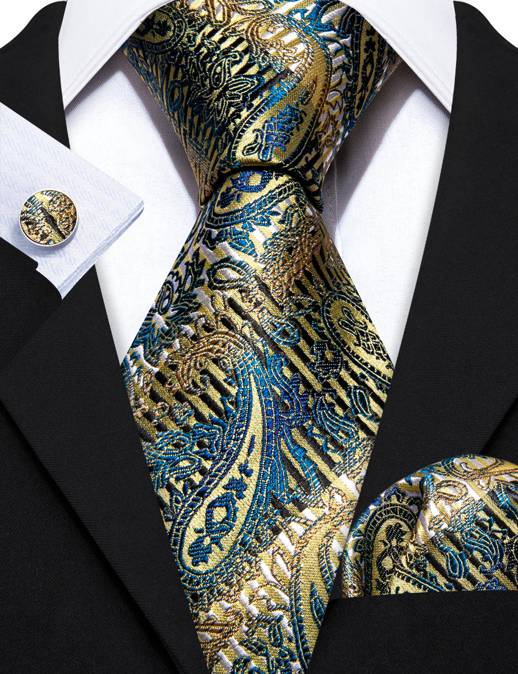 Gold Blue Paisley Silk Tie, Pocket Square and Cufflinks Set tie sets - Sophisticated Gentlemen