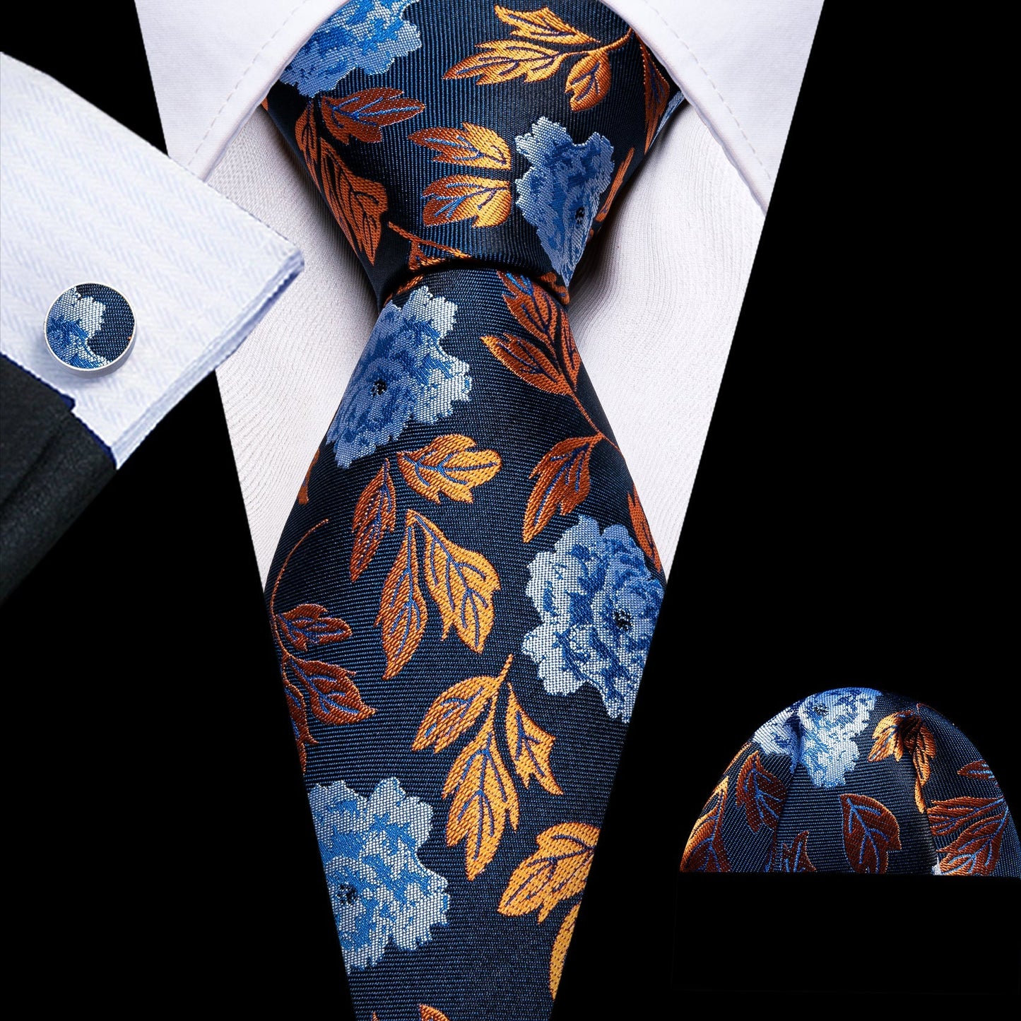 Golden Leaves Silk Tie, Pocket Square and Cufflinks tie sets Standard packaging - Sophisticated Gentlemen