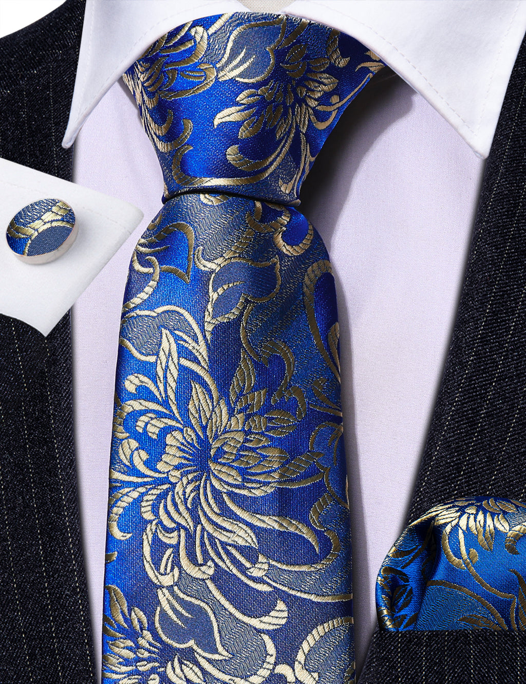 Blue Gold Flower Silk Tie, Pocket Square and Cufflinks Set tie sets    - Sophisticated Gentlemen