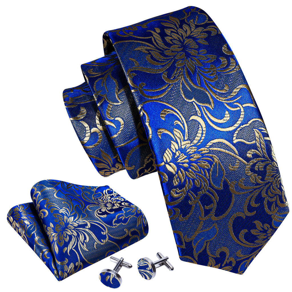 Blue Gold Flower Silk Tie, Pocket Square and Cufflinks Set tie sets    - Sophisticated Gentlemen
