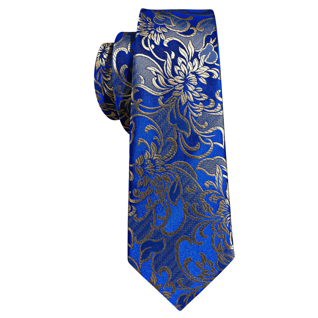 Blue Gold Flower Silk Tie, Pocket Square and Cufflinks Set tie sets    - Sophisticated Gentlemen