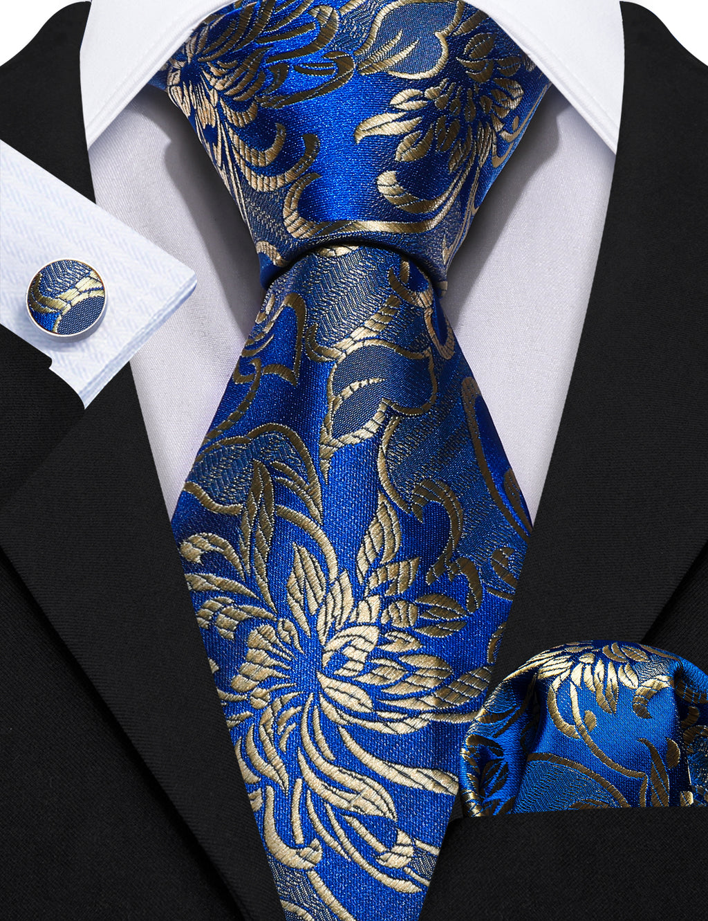 Blue Gold Flower Silk Tie, Pocket Square and Cufflinks Set tie sets    - Sophisticated Gentlemen