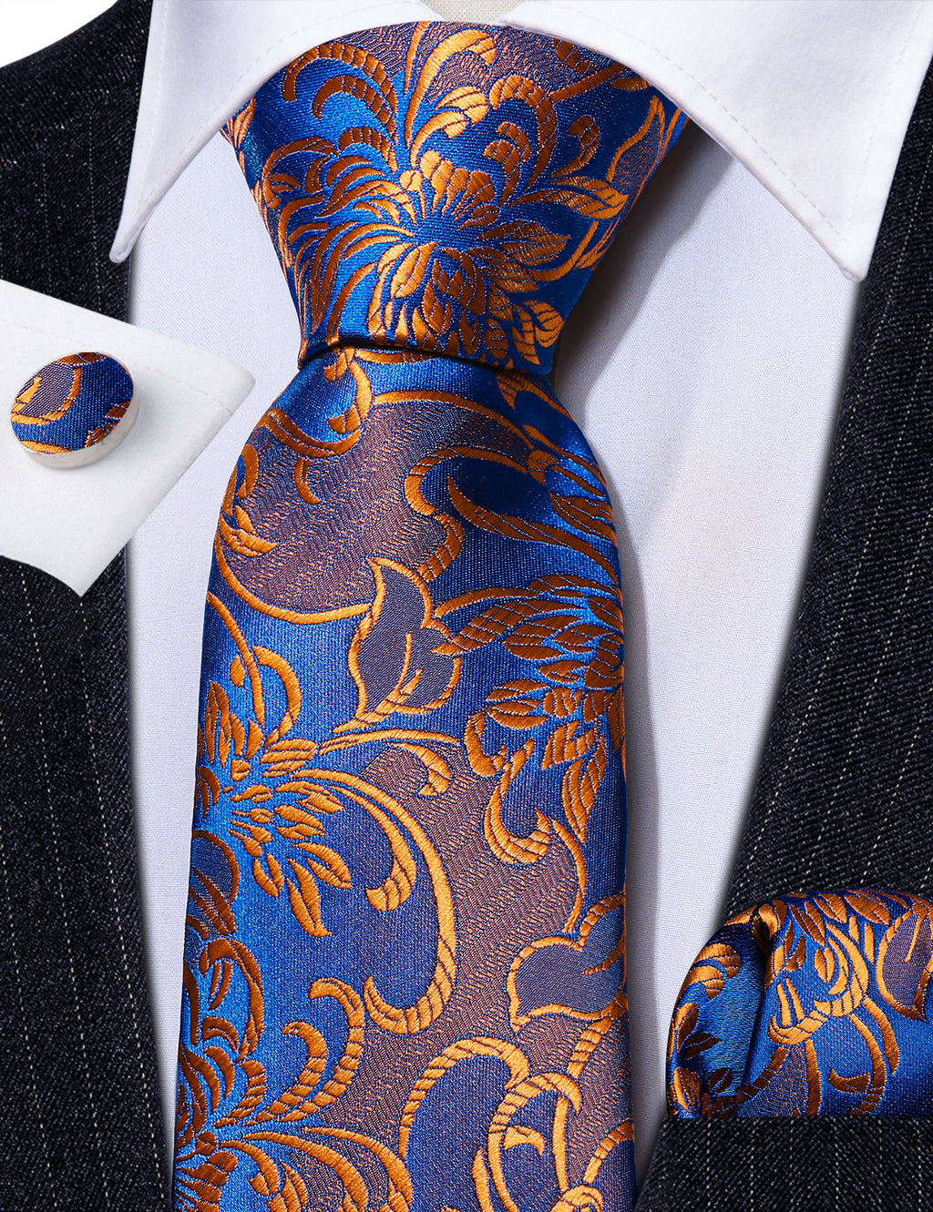 Orange Blue Brown Floral Silk Tie, Pocket Square and Cufflinks Set tie sets - Sophisticated Gentlemen