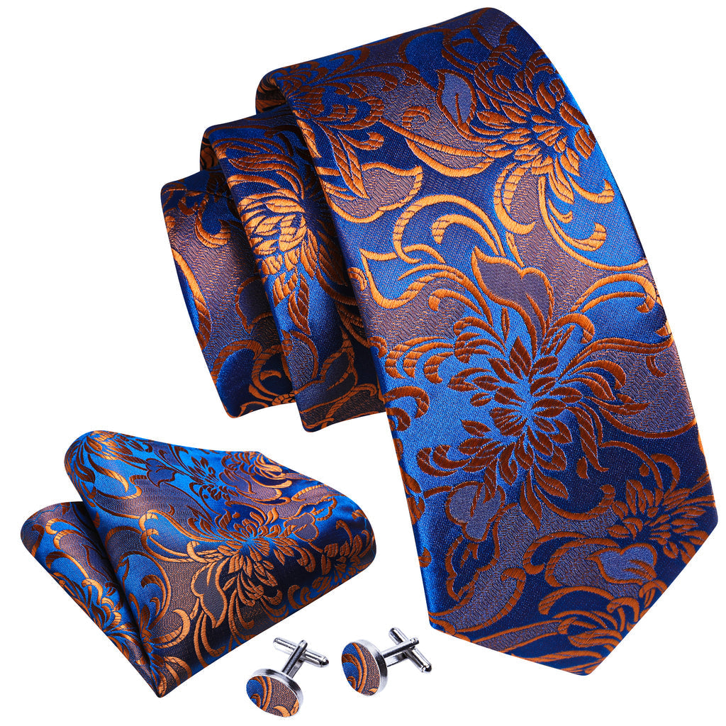 Orange Blue Brown Floral Silk Tie, Pocket Square and Cufflinks Set tie sets - Sophisticated Gentlemen