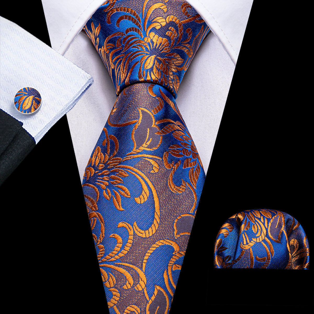 Orange Blue Brown Floral Silk Tie, Pocket Square and Cufflinks Set tie sets - Sophisticated Gentlemen