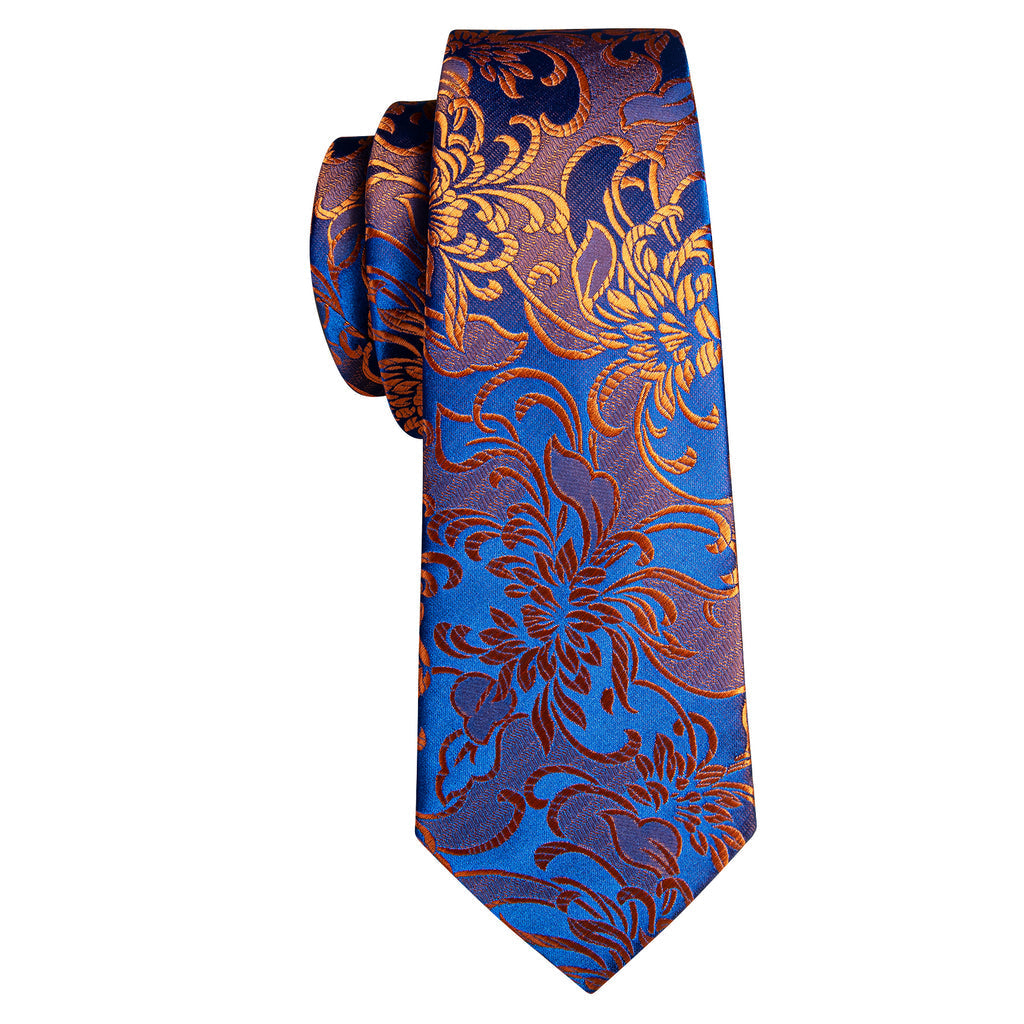 Orange Blue Brown Floral Silk Tie, Pocket Square and Cufflinks Set tie sets    - Sophisticated Gentlemen