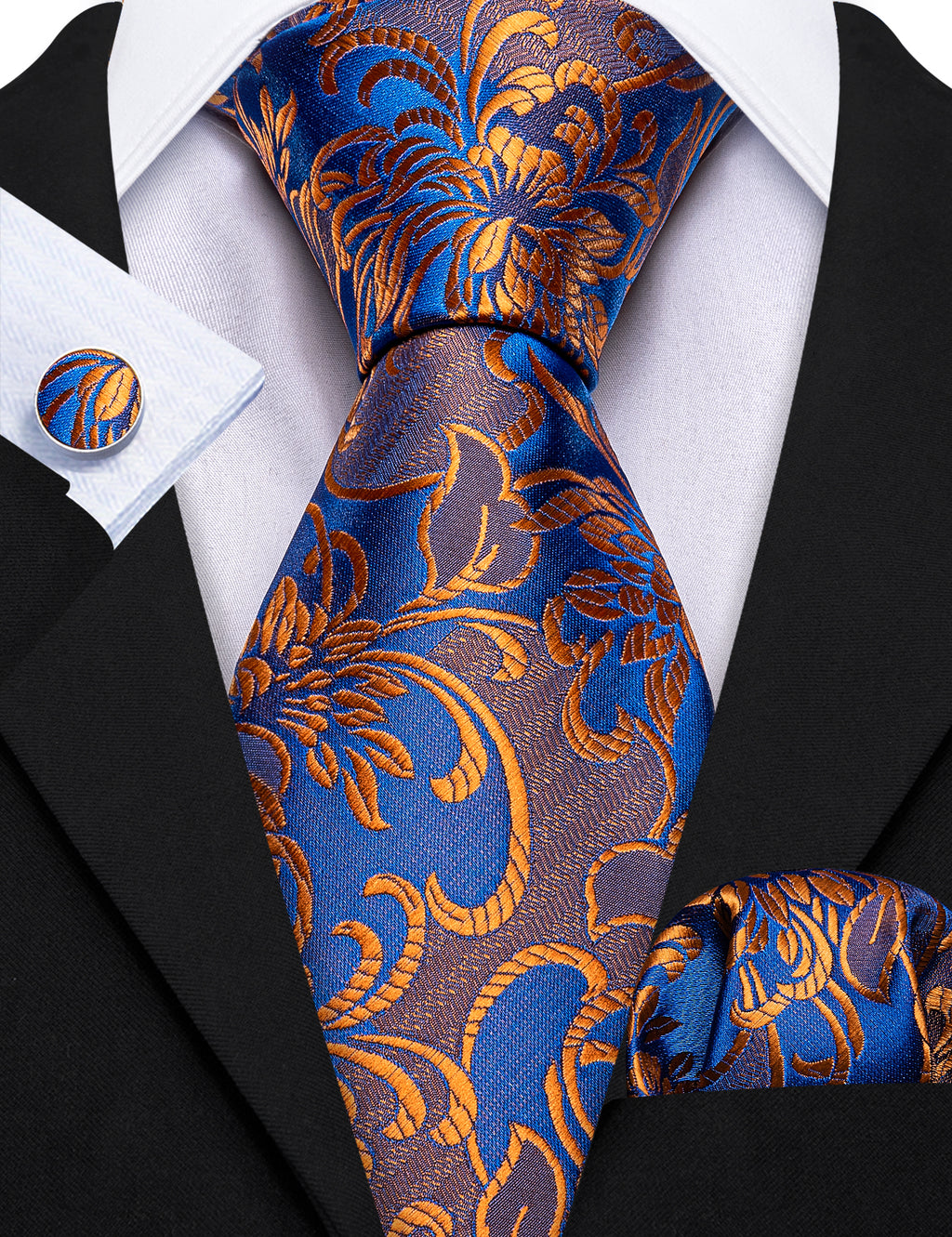Orange Blue Brown Floral Silk Tie, Pocket Square and Cufflinks Set tie sets - Sophisticated Gentlemen