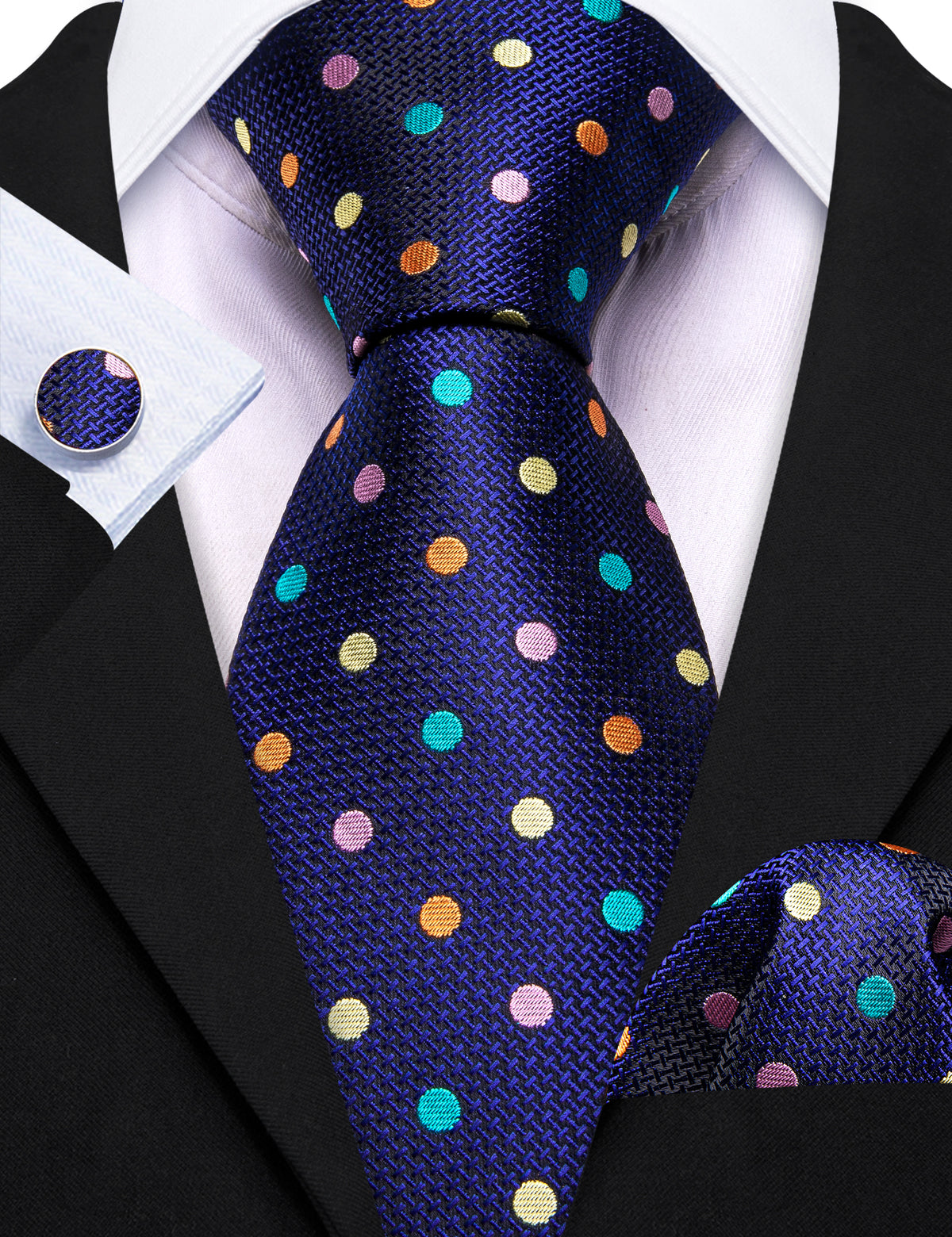 Blue Pink Yellow Polka Dot Silk Tie, Pocket Square and Cufflinks Set tie sets - Sophisticated Gentlemen