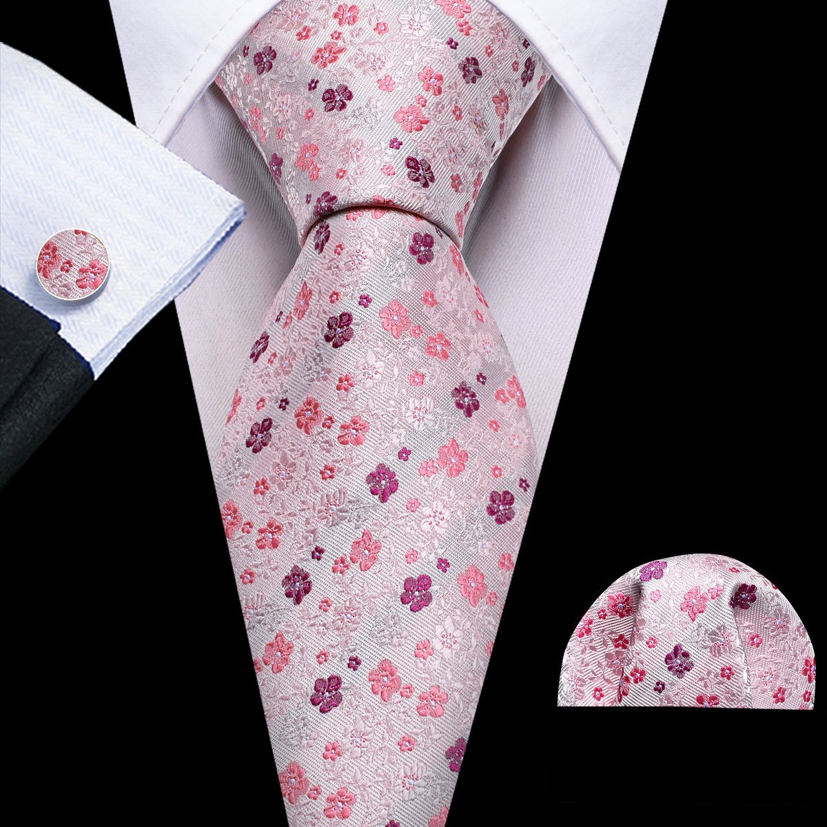 Light Pink Flower Print Silk Tie, Pocket Square and Cufflinks Set tie sets - Sophisticated Gentlemen