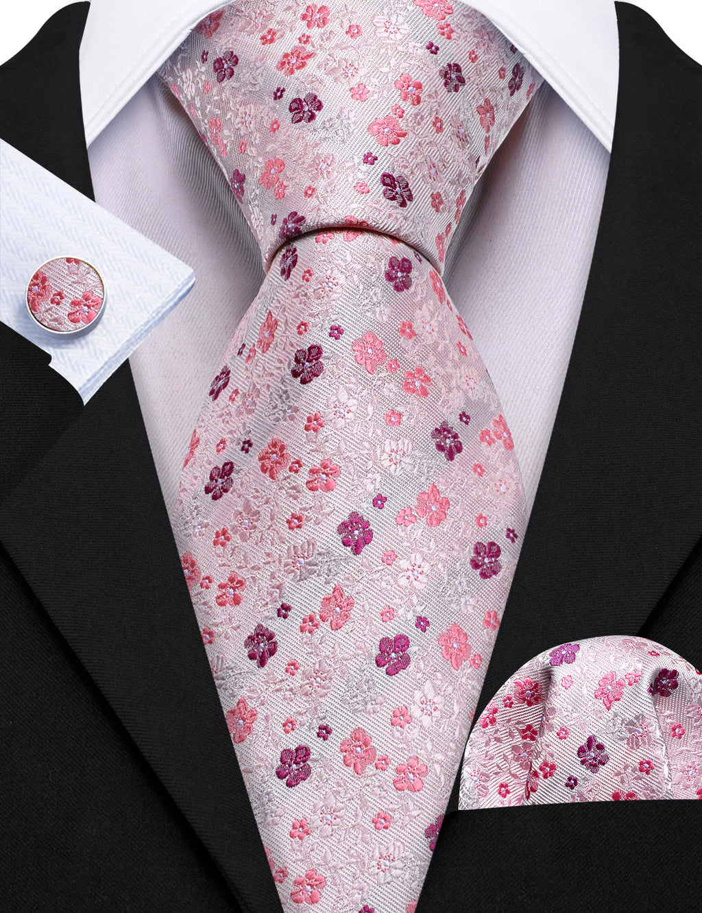 Light Pink Flower Print Silk Tie, Pocket Square and Cufflinks Set tie sets - Sophisticated Gentlemen