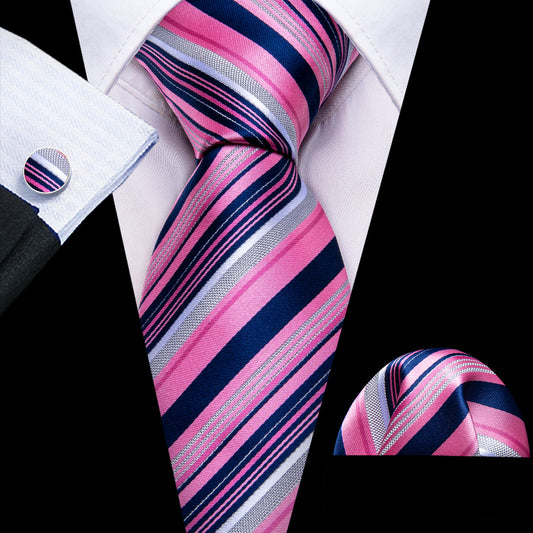 Pink Lilac Blue Striped Silk Tie, Pocket Square and Cufflinks Set tie sets    - Sophisticated Gentlemen