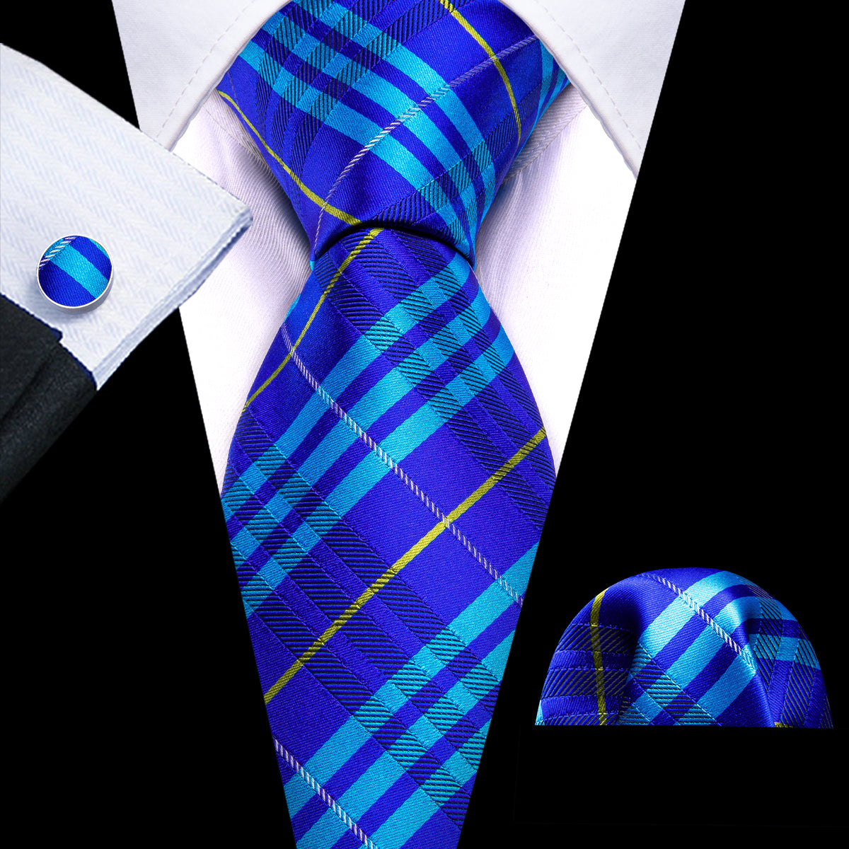 Bright Blue Striped Silk Tie, Pocket Square and Cufflinks Set tie sets - Sophisticated Gentlemen