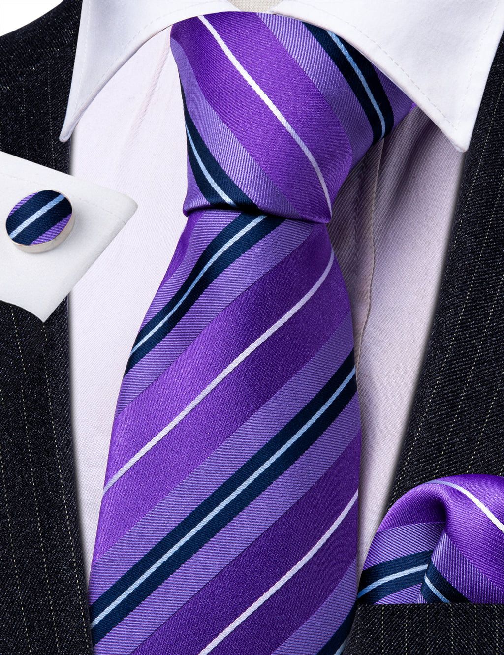 Purple White Striped Silk Tie, Pocket Square and Cufflinks Set tie sets - Sophisticated Gentlemen