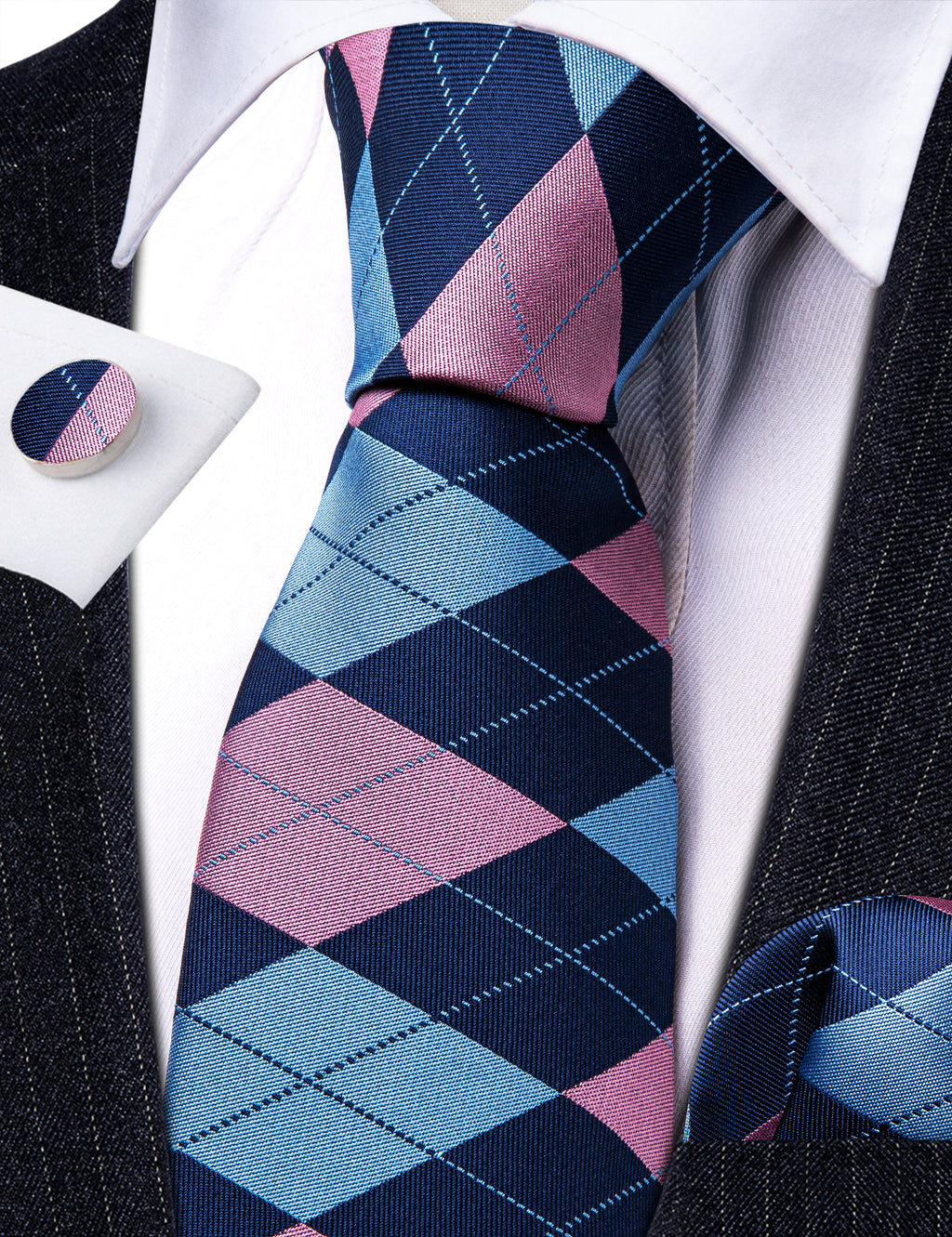 Blue Pink Plaid Tie, Pocket Square and Cufflinks Set tie sets    - Sophisticated Gentlemen