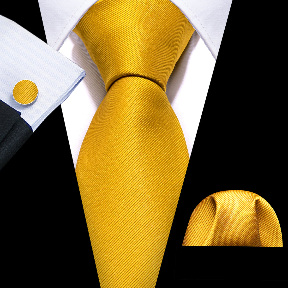 Gold Yellow Solid Silk Tie, Pocket Square and Cufflinks Set tie sets - Sophisticated Gentlemen