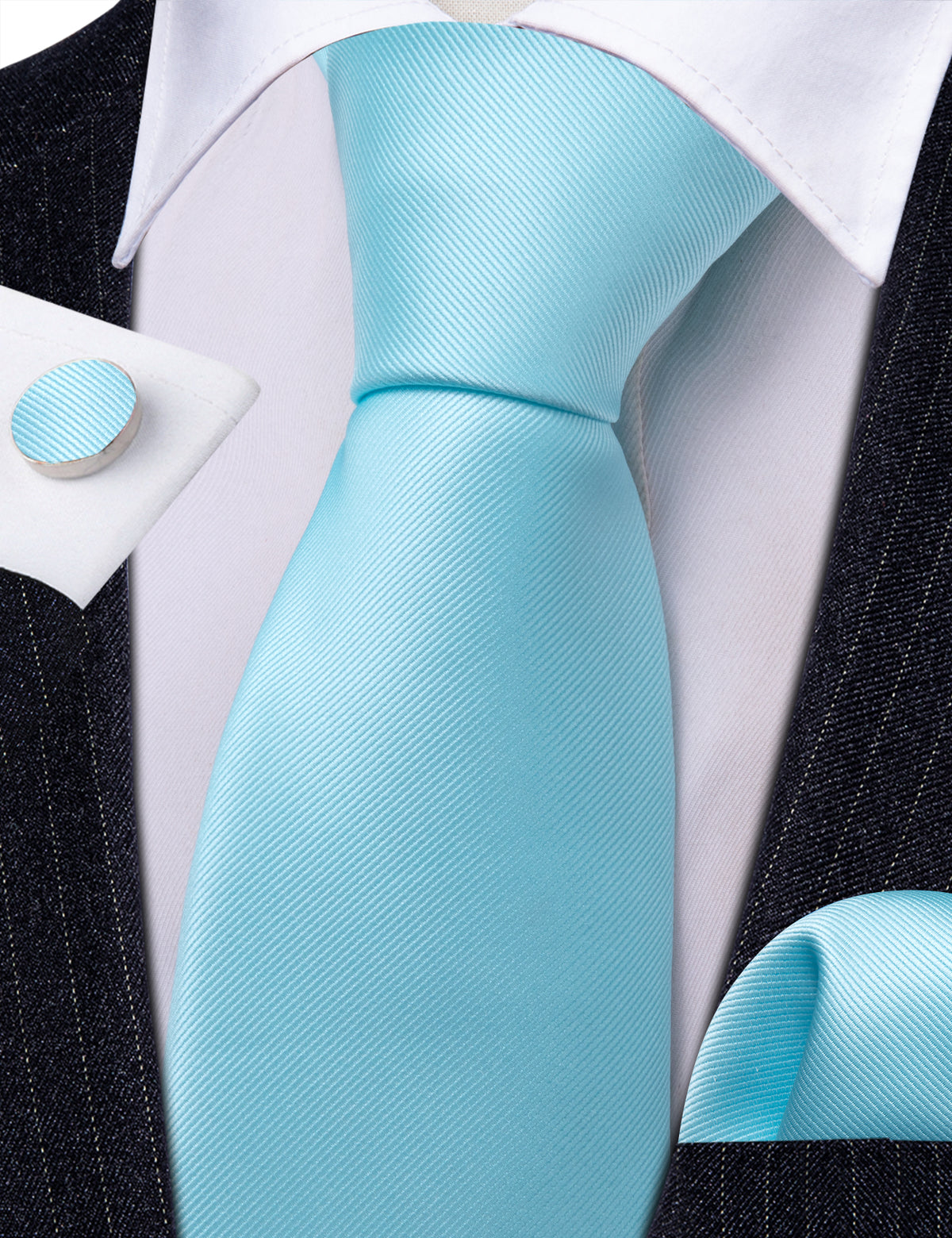 Sky Blue Solid Silk Tie, Pocket Square and Cufflinks Set tie sets - Sophisticated Gentlemen