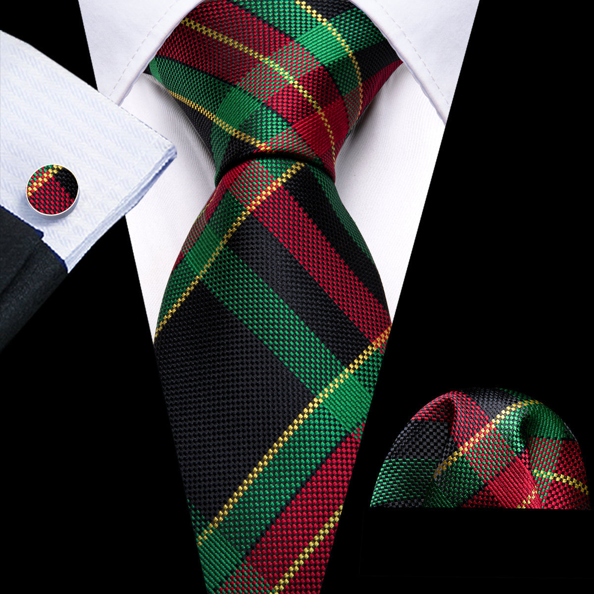 Green and Red Scottish Plaid Woven Tie, Pocket Square, and Cufflinks Set tie sets - Sophisticated Gentlemen