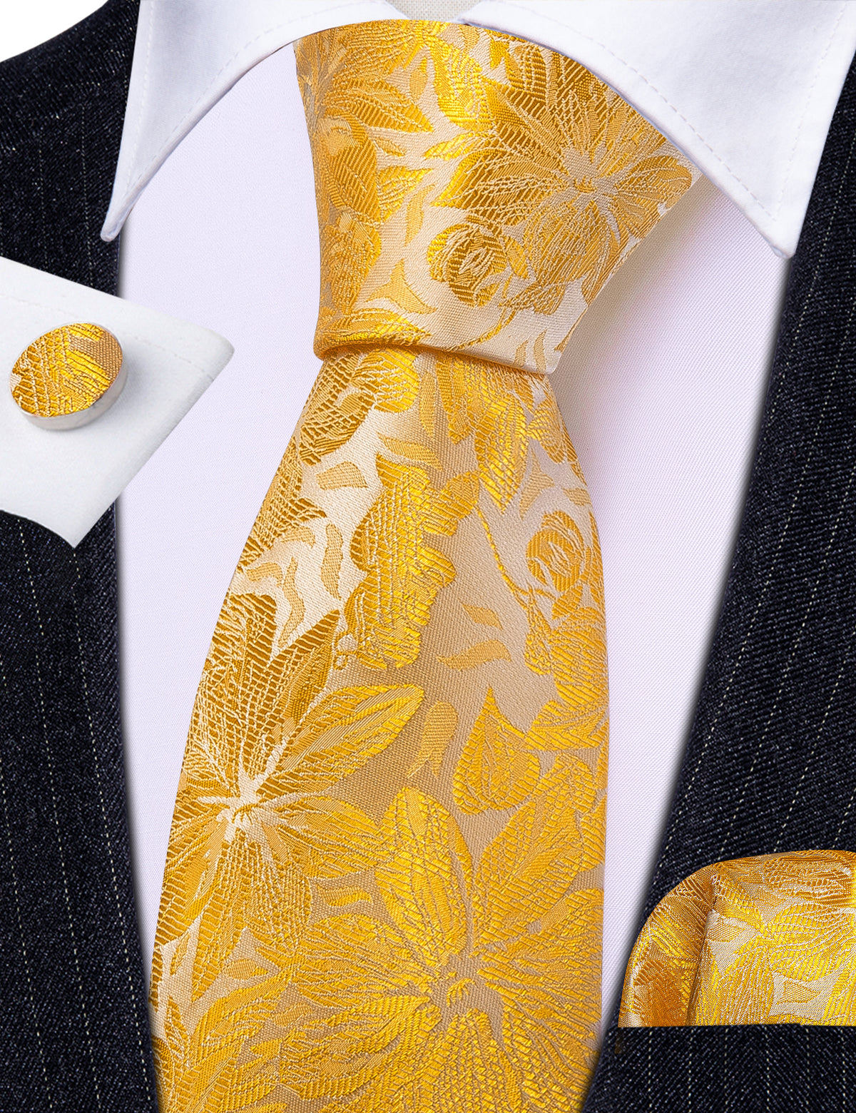 Gold Yellow Floral Tie, Pocket Square and Cufflinks Set tie sets - Sophisticated Gentlemen