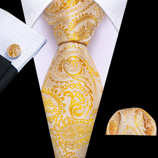 Light Orange Silver Paisley Tie, Pocket Square and Cufflinks Set tie sets    - Sophisticated Gentlemen