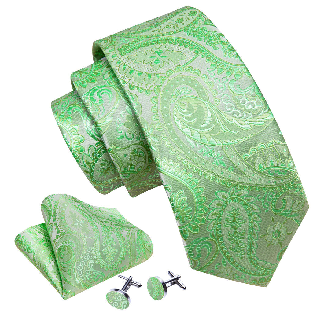 Light Green Paisley Silk Tie, Pocket Square and Cufflinks Set tie sets - Sophisticated Gentlemen