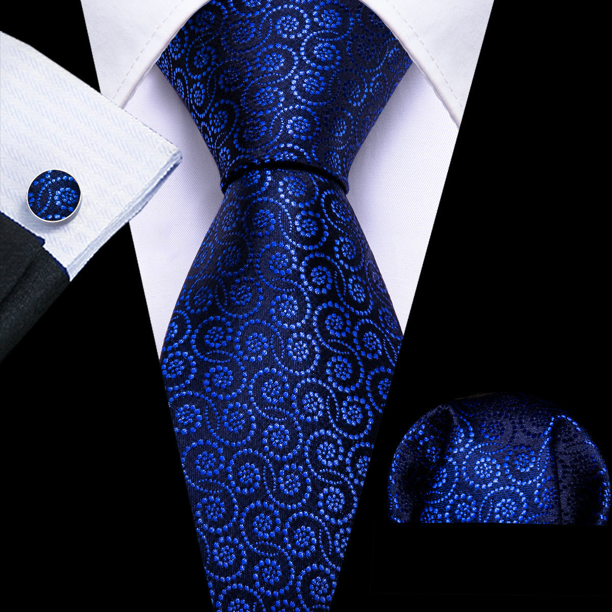 Navy Blue Novetly Silk Tie, Pocket Square and Cufflinks Set tie sets - Sophisticated Gentlemen