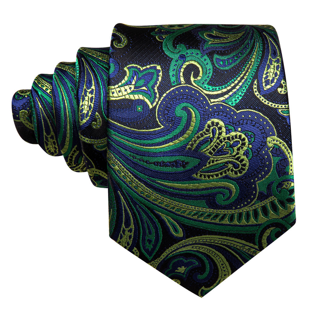 Blue Green Paisley Silk Tie, Pocket Square and Cufflinks Set tie sets - Sophisticated Gentlemen