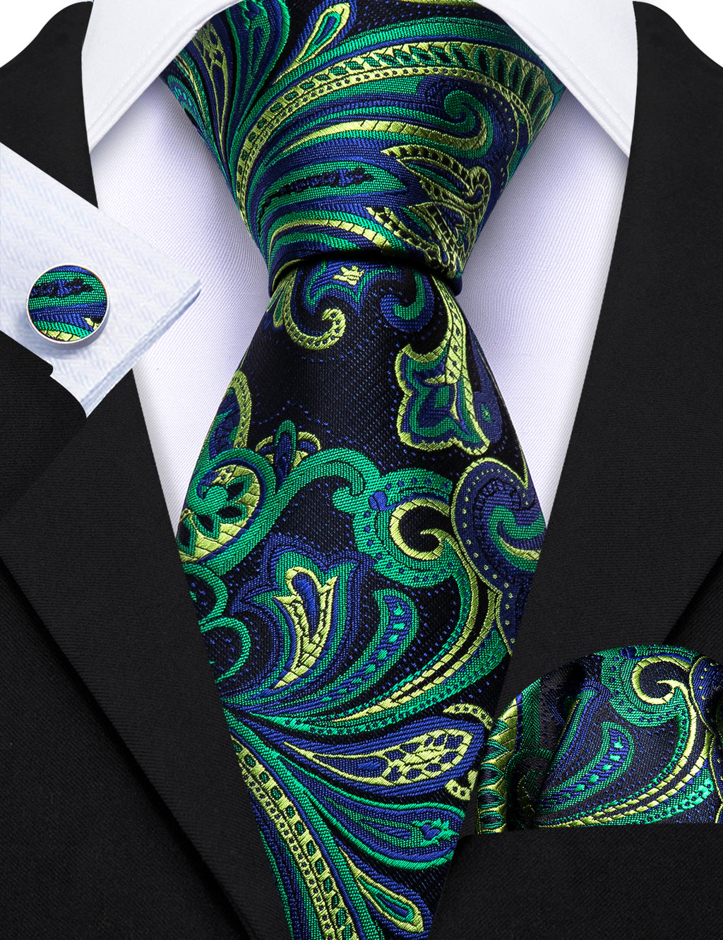 Blue Green Paisley Silk Tie, Pocket Square and Cufflinks Set tie sets - Sophisticated Gentlemen